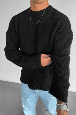 Ανδρική Teddy Fleece Μπλούζα σε μαύρο χρώμα, με μαλακή υφή και crew neck